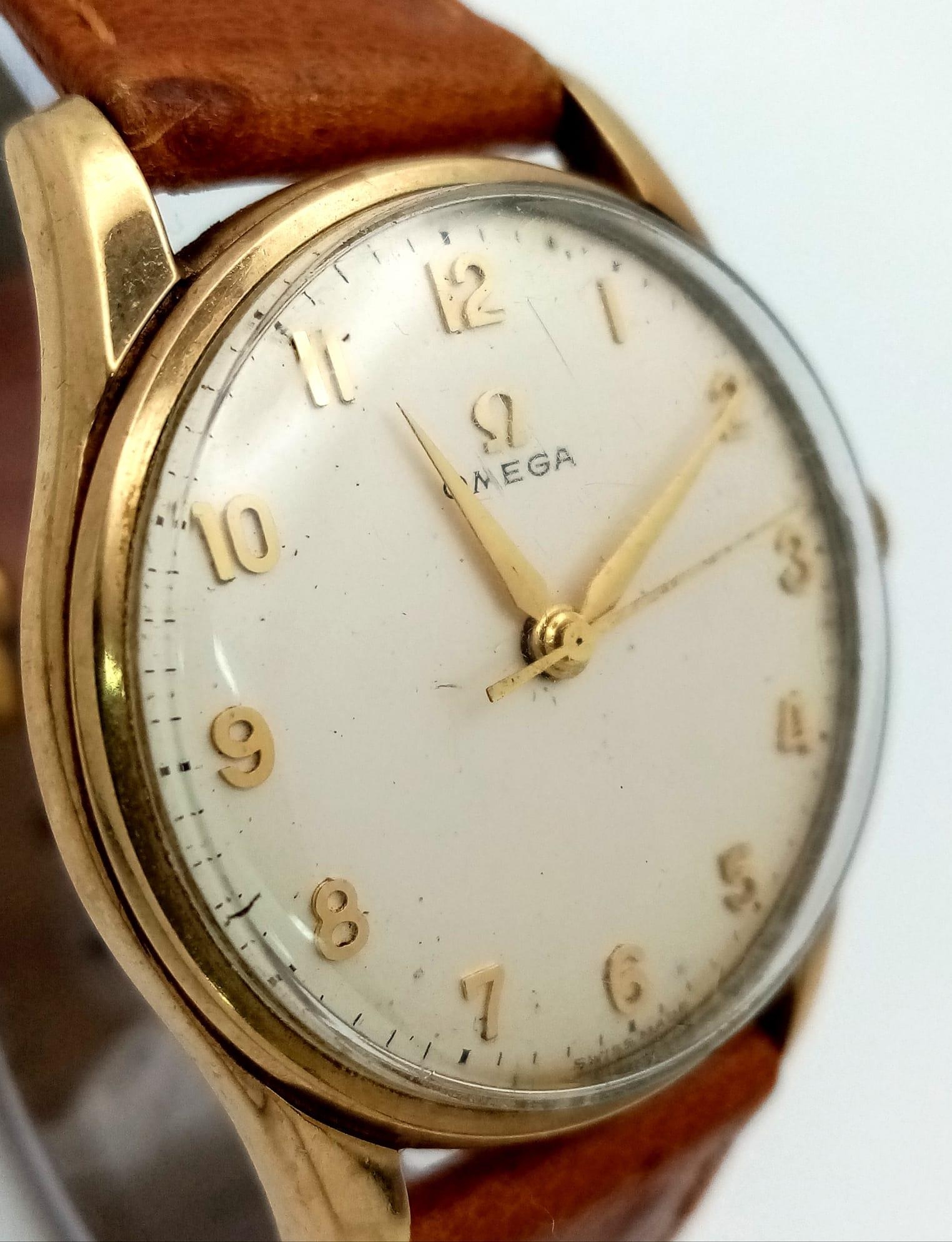 A 9K YELLOW GOLD CASED OMEGA WATCH ON TAN LEATHER STRAP. FULL WORKING ORDER ref: MB 5001 - Image 3 of 7