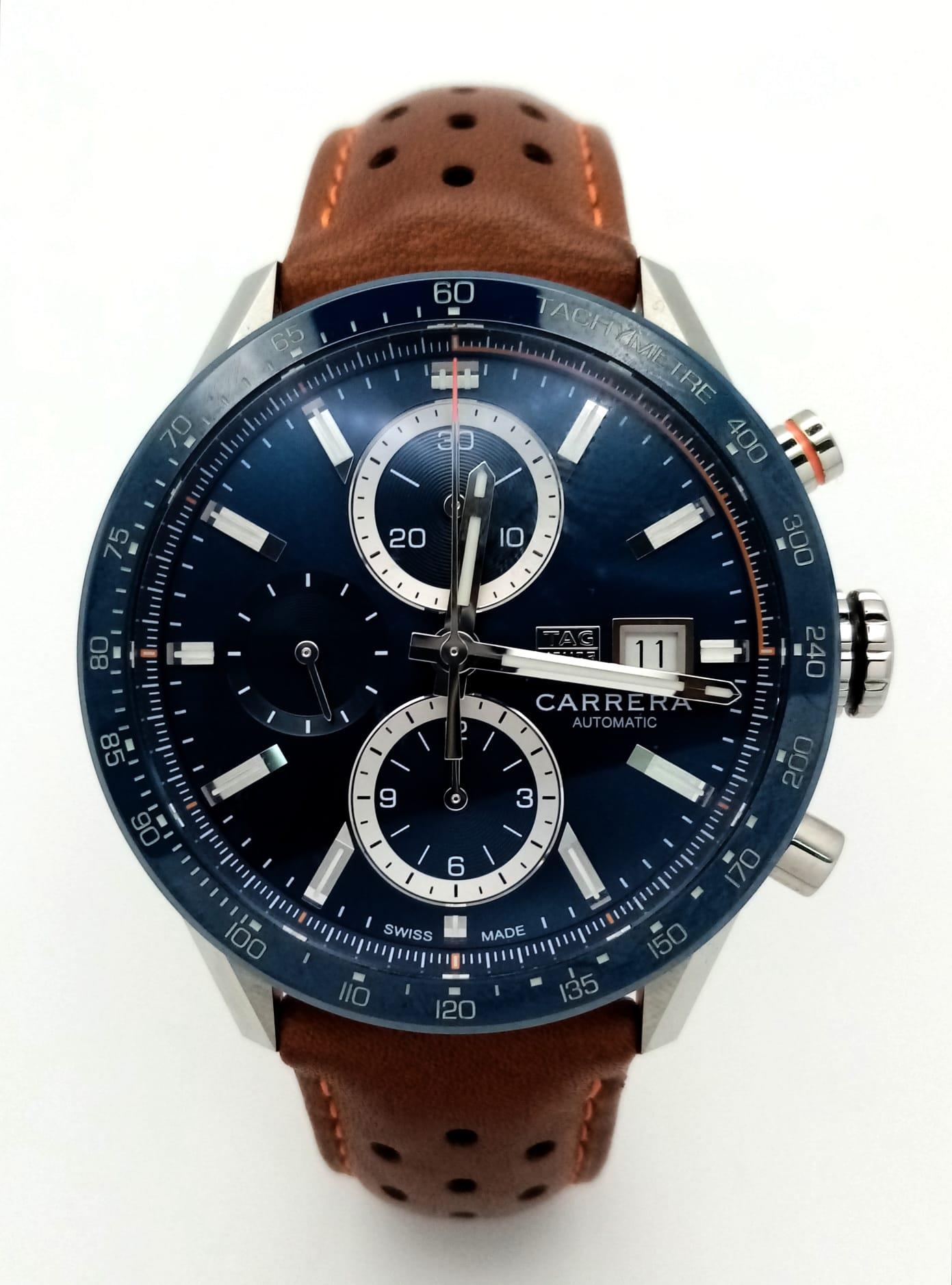 A Tag Heuer Carrera Automatic Gents Chronograph Watch. Brown leather strap. Stainless steel case - - Image 2 of 17