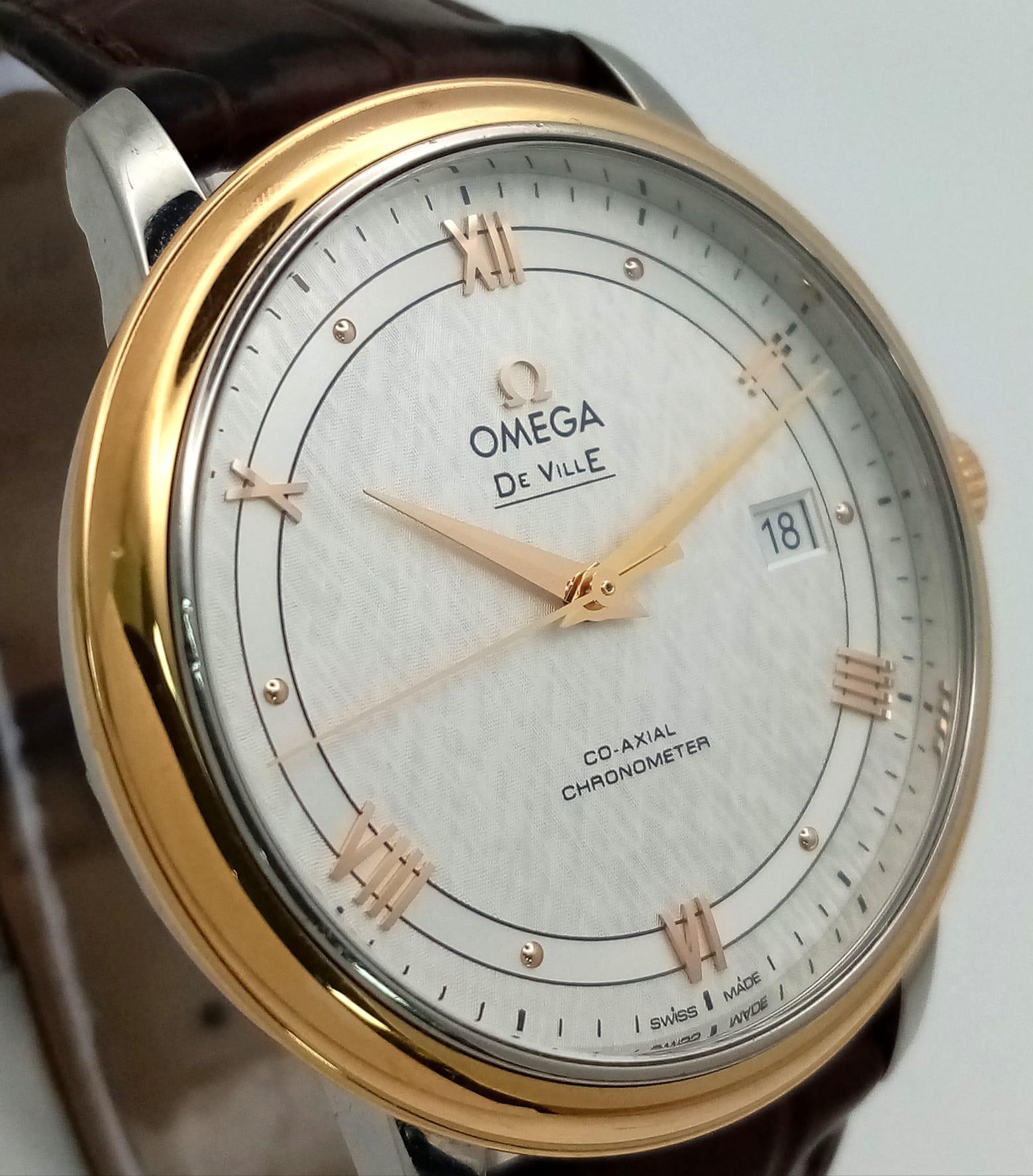 An Omega Deville Prestige Co-Axial Gents Watch. Brown leather strap. Gilded stainless steel case - - Image 8 of 30