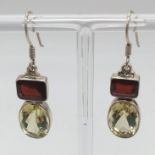 A Pair of Citrine and Garnet 925 Silver Drop Earrings. Citrines - 15ctw. 3cm drop. 6.70g total