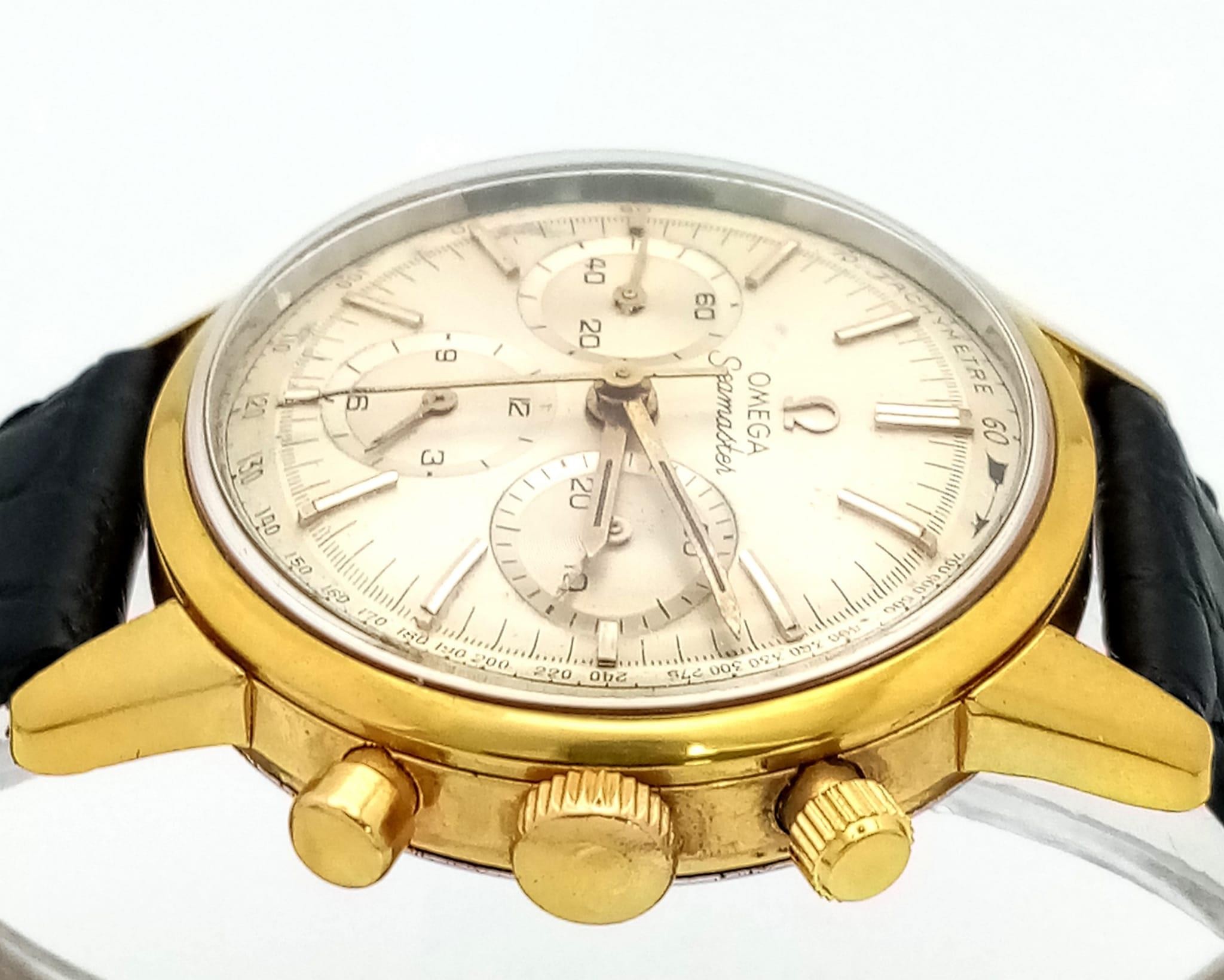 A Superb Vintage 1960s Omega Seamaster Chronograph Gents Watch. Black leather strap. Gilded case - - Image 4 of 6