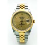 THE CLASSIC ROLEX OYSTER PERPETUAL DATEJUST IN BI-METAL WITH GOLDTONE DIAL . 36mm