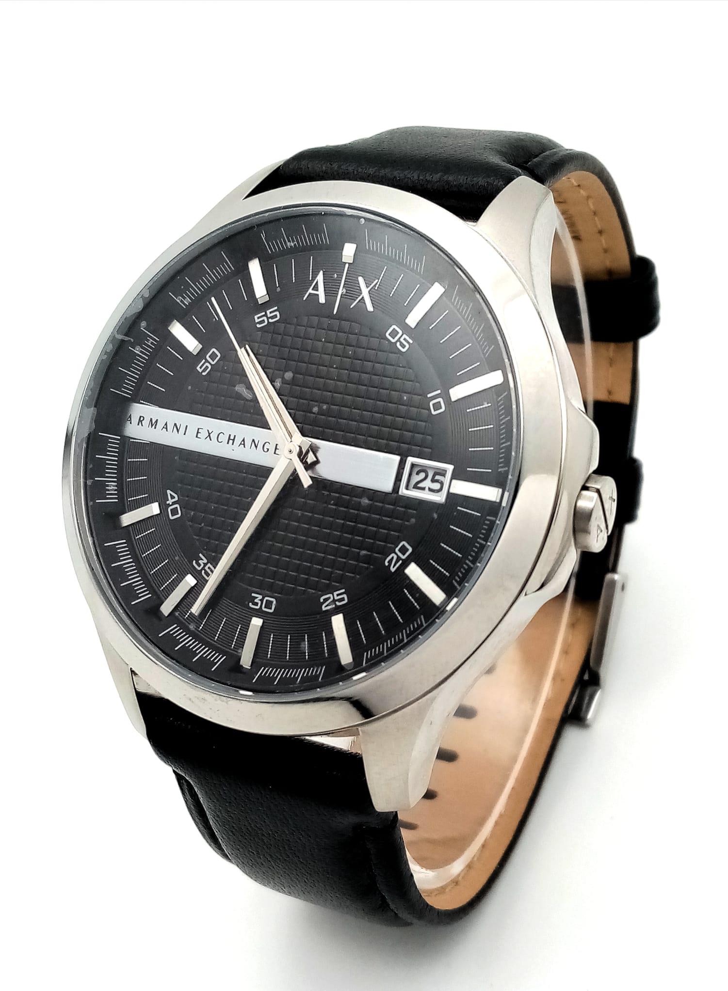 A New Armani Exchange Watch, Black and Chrome Dial, matching leather strap, Dial 42mm, Comes with