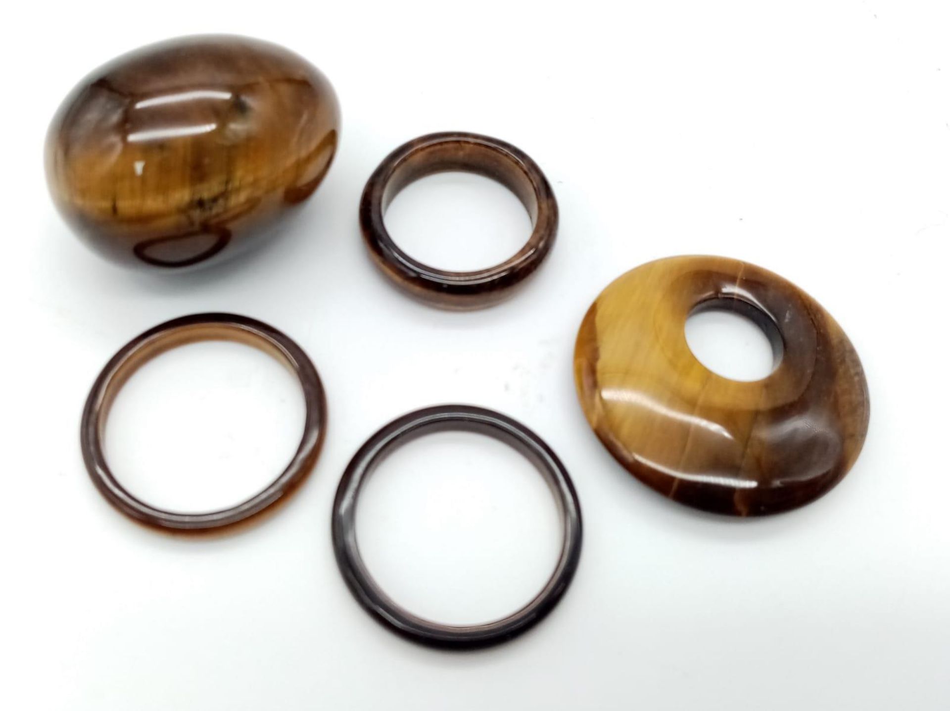 A Lot of Five Tigers Eye Pieces. Three rings, pendant and a small egg! - Image 2 of 2