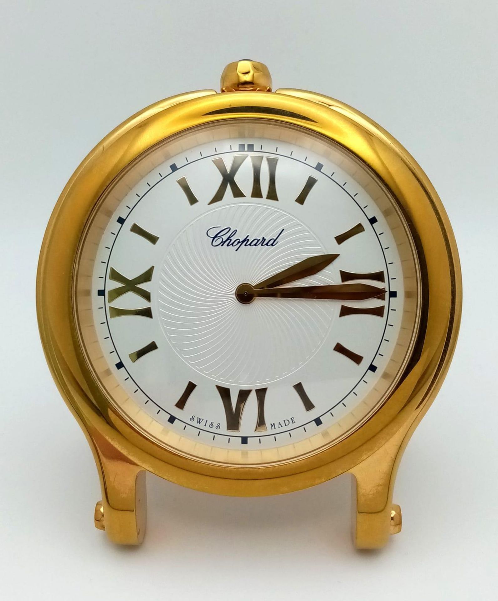A Chopard Happy Sport Gold Plated Table Clock. Quartz movement. 7.5cm diameter. White dial with - Image 2 of 5
