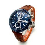 A Tag Heuer Carrera Automatic Gents Chronograph Watch. Brown leather strap. Stainless steel case -