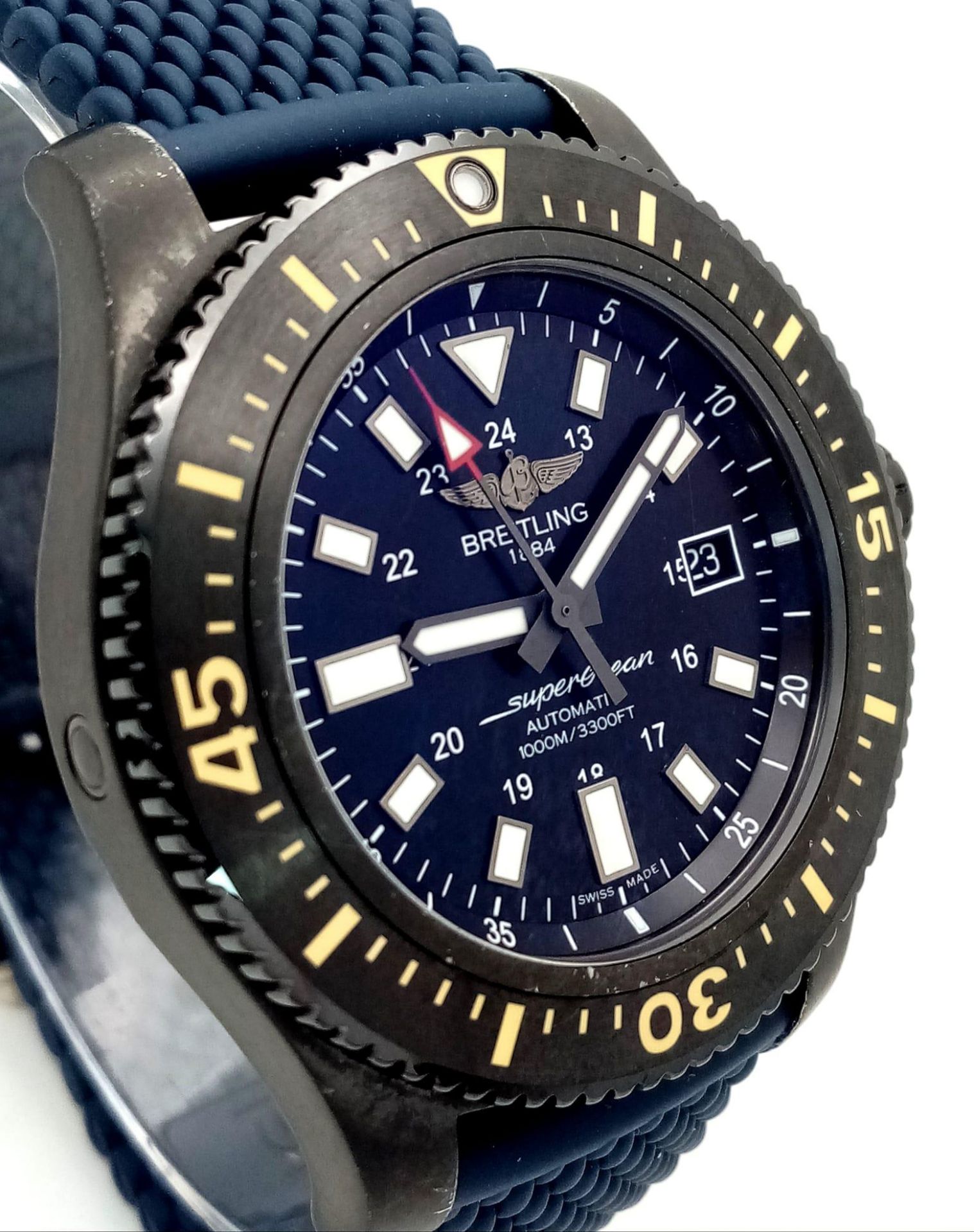 A Breitling Superocean Automatic Gents Divers Watch. Blue textured rubber strap. Titanium case - - Image 5 of 15