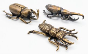 Three Japanese, highly detailed, bronze beetles representing. Virility, Longevity and