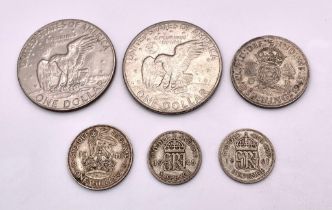 A parcel of historic coins. 2x Liberty One Dollar, USA 1972, 1974 1x Two Shillings, UK 1942 1x One