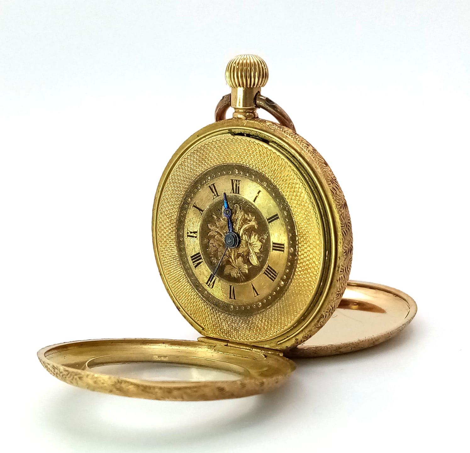 AN ORNATELY DECORATED 18K GOLD LADIES DUAL LEVER POCKET WATCH CIRCA 1930'S IN FULL WORKING ORDER AND
