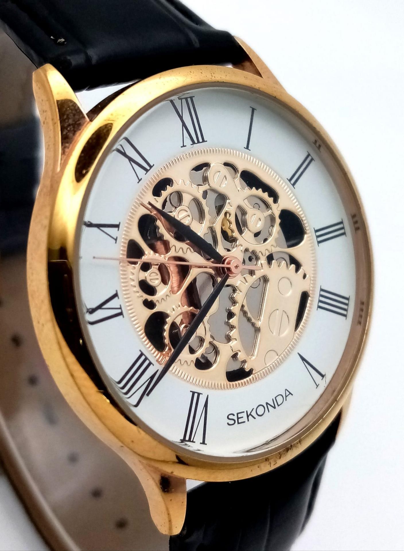 A Sekonda Automatic Skeleton Gents Watch. Black leather strap. Gilded case - 37mm. Skeleton dial. In - Image 4 of 9