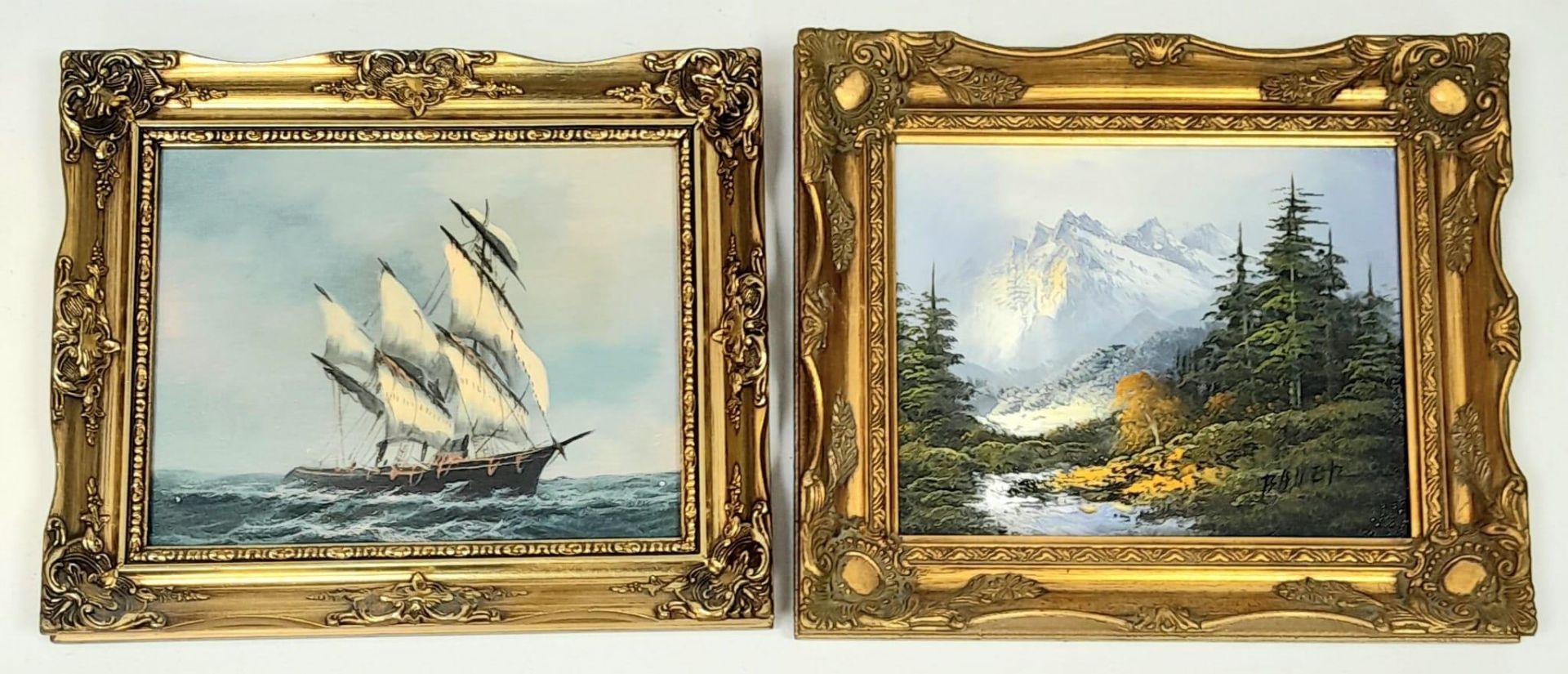 A pair of original paint on canvas artworks. One depicting a Snowy Mountain Range, with artist's