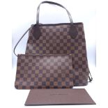 Louis Vuitton Neverfull Tote Bag with matching Pouch. Both items are in the chequered LV pattern,