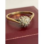 Vintage 9 carat GOLD and DIAMOND CLUSTER RING. Full UK hallmark. Complete with ring box. 1.85 grams.