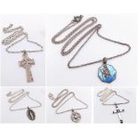 Collection of 5 various Sterling Silver Necklaces. All religious style pendants, various lengths