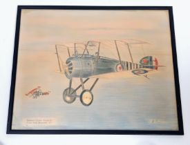 An Antique Hand Drawn Coloured Sketch of a Sopwith Camel in Combat as flown by Captain W.G Barker