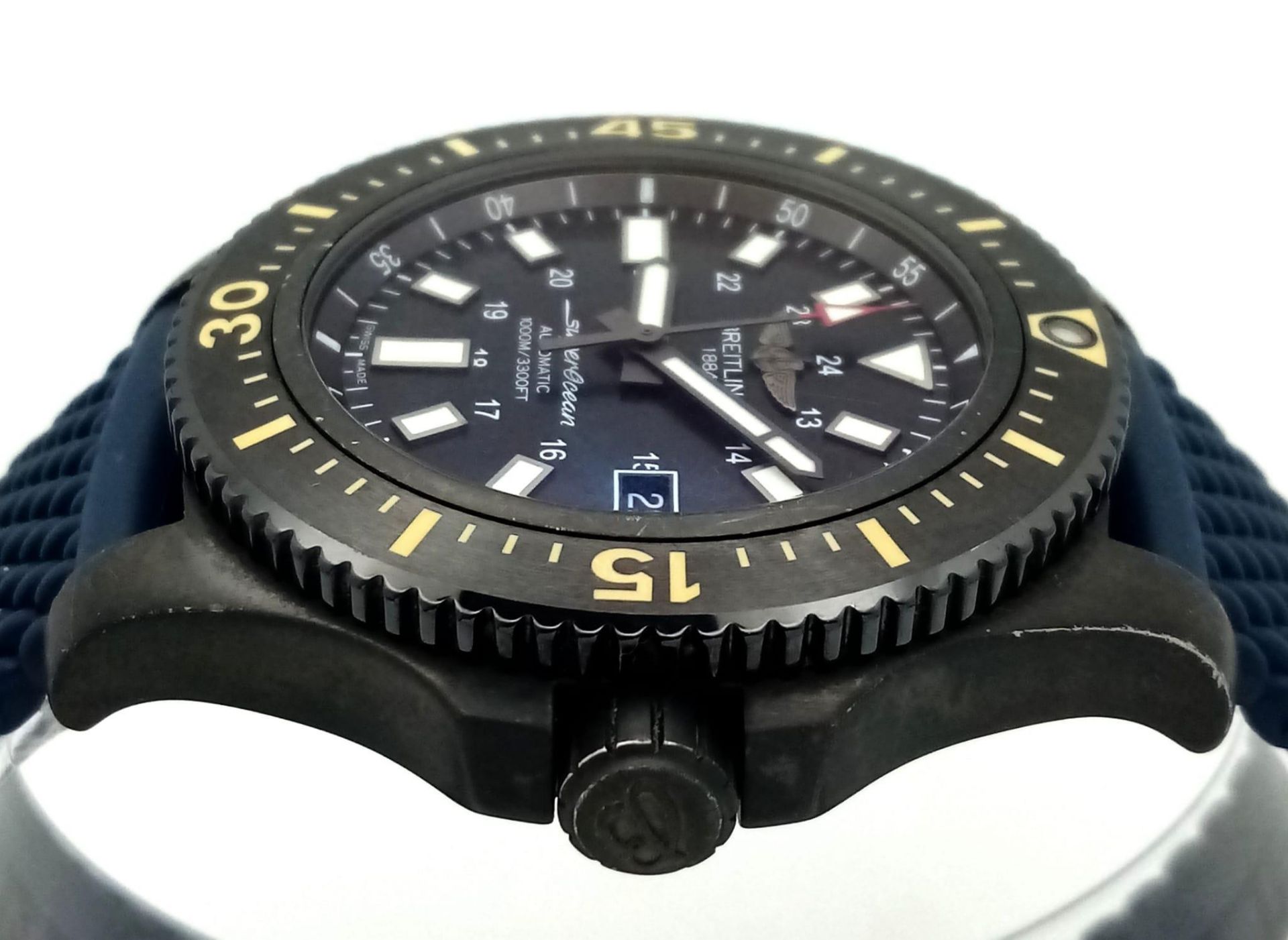 A Breitling Superocean Automatic Gents Divers Watch. Blue textured rubber strap. Titanium case - - Image 7 of 15