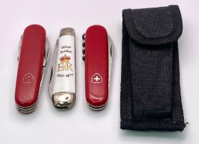 A collection of pocket knives. 1x Victorinox Huntsman Swiss Army Pocket Knife. 1x Richards of