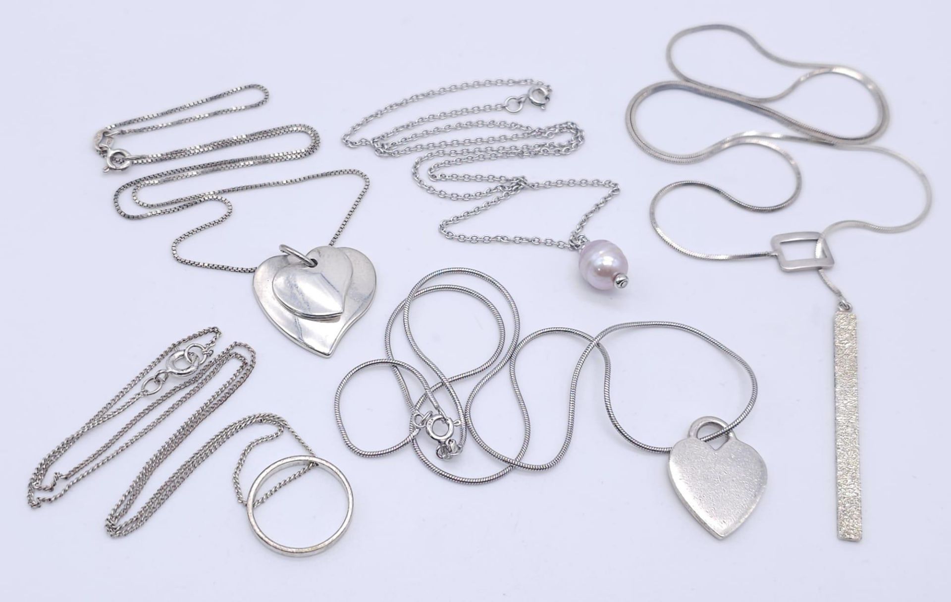 A collection of various Sterling Silver Necklaces. Various lengths, ranging for 40cm-48cm with a