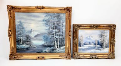 Two original paint-on-canvas, works of art. Two different artists, but the same frosty landscape