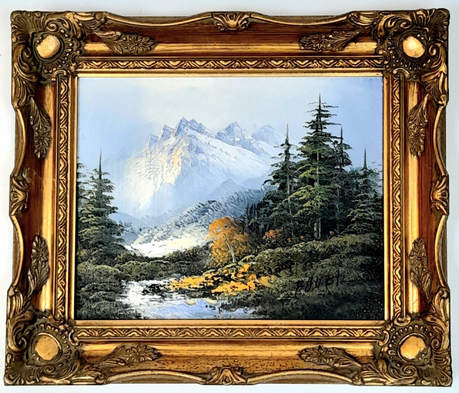 A pair of original paint on canvas artworks. One depicting a Snowy Mountain Range, with artist's - Image 2 of 13