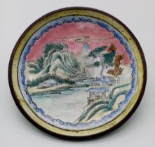 Wonderful small enamel Antique Chinese Dish, depicting mountains and buildings. Superb enamel