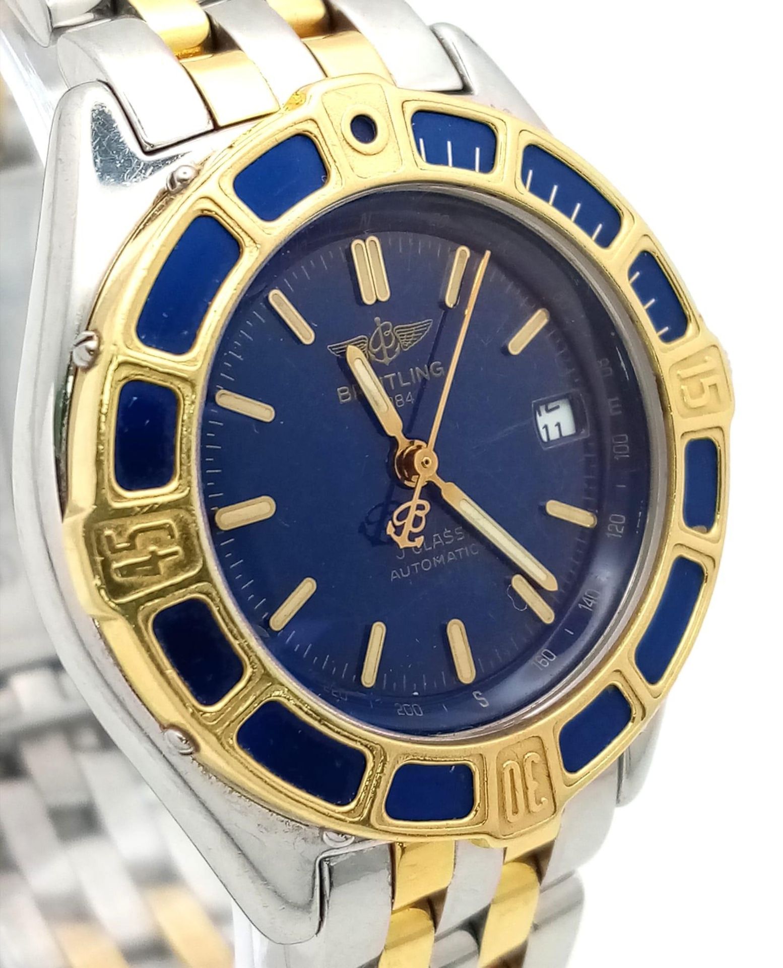 A BREITLING LADIES BI-METAL "J CLASS" AUTOMATIC WATCH WITH STUNNING BLUE DIAL AND MATCHIND ENAMEL - Image 3 of 7