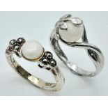 Two vintage, sterling silver rings with white stones. Size: P & Q, total weight: 8.1 g.