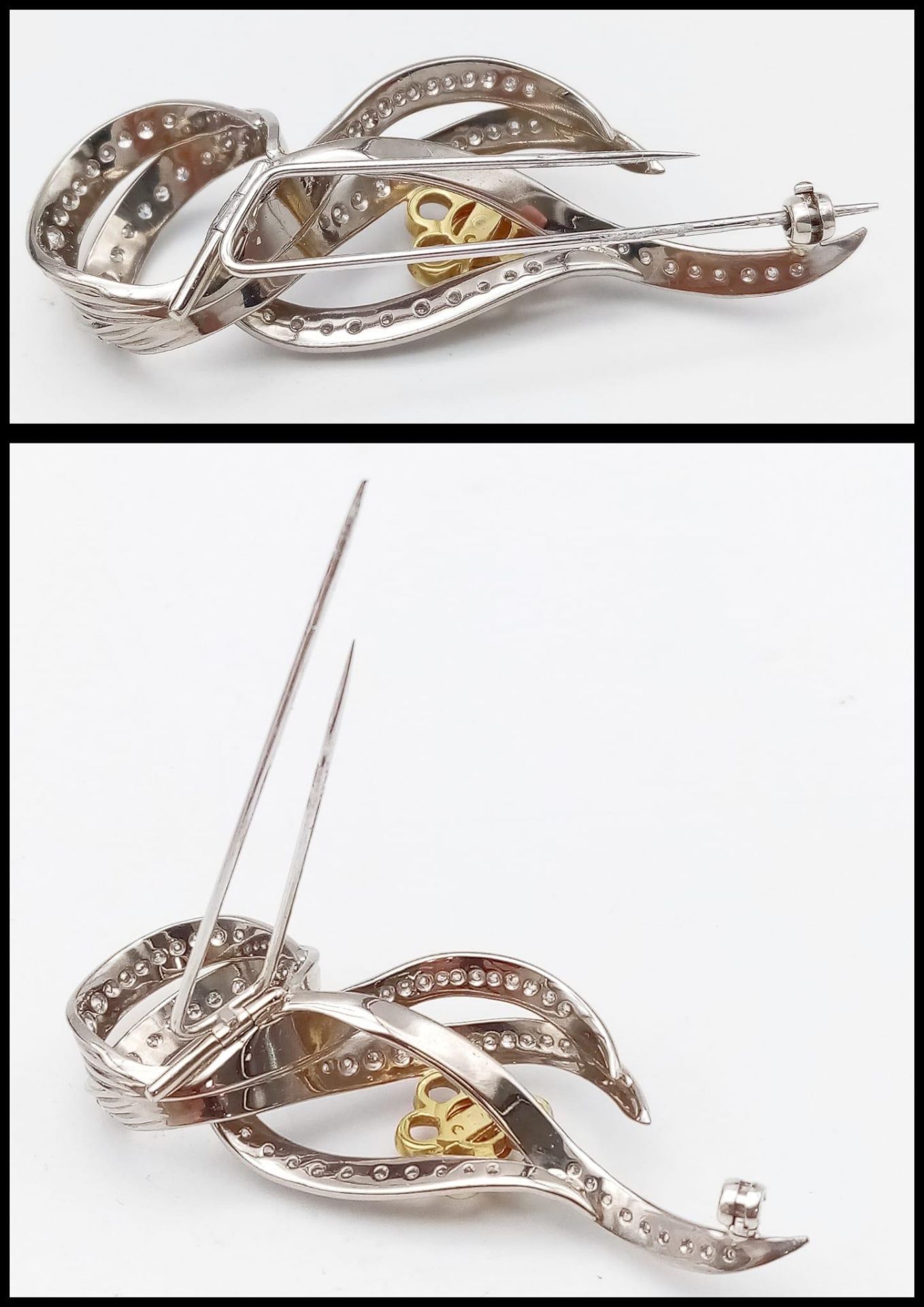 Diamond encrusted 18kt White & Yellow Gold Brooch. Beautifully woven White Gold design, adorned with - Image 5 of 6