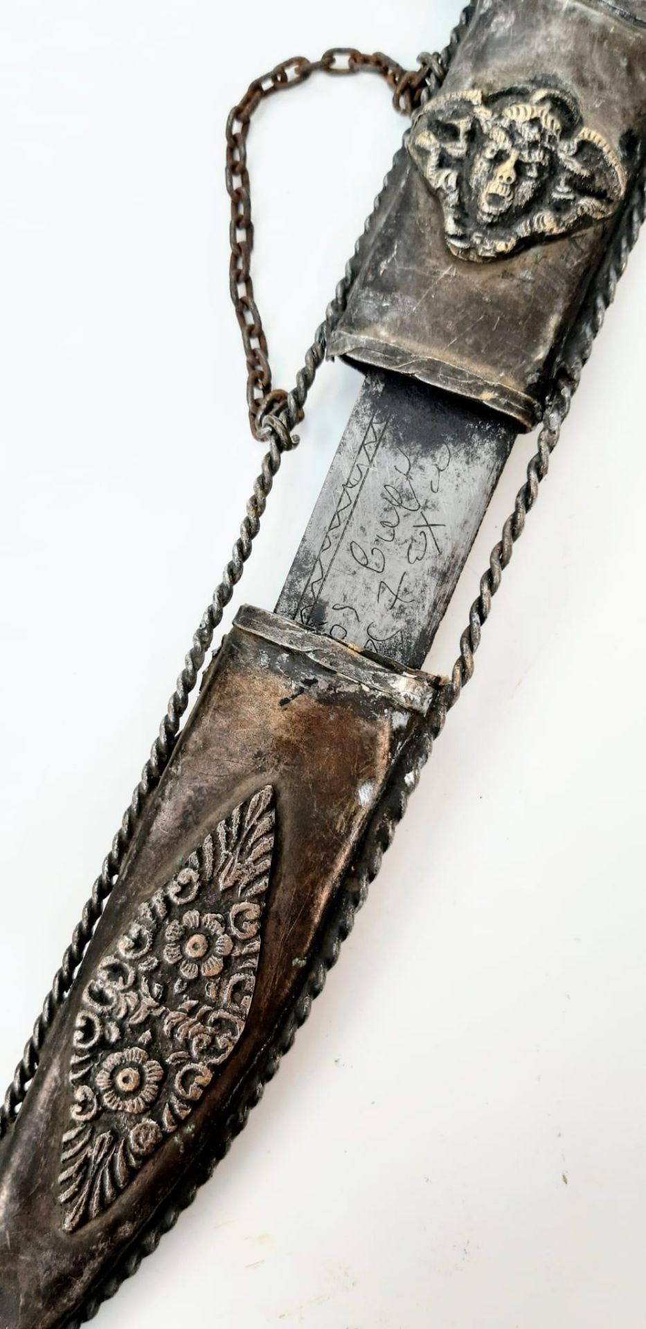 A Very Rare & Unique, Antique, Middle Eastern White Metal Brass Ornate Dagger. 38.5cm Length. - Image 7 of 7