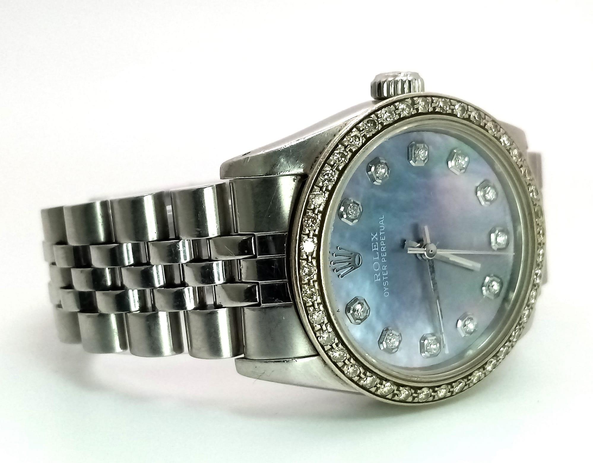 A LADIES ROLEX DRESS WATCH WITH DIAMOND NUMERALS AND BEZEL , MOTHER OF PEARL DIAL AND AUTOMATIC - Image 3 of 10