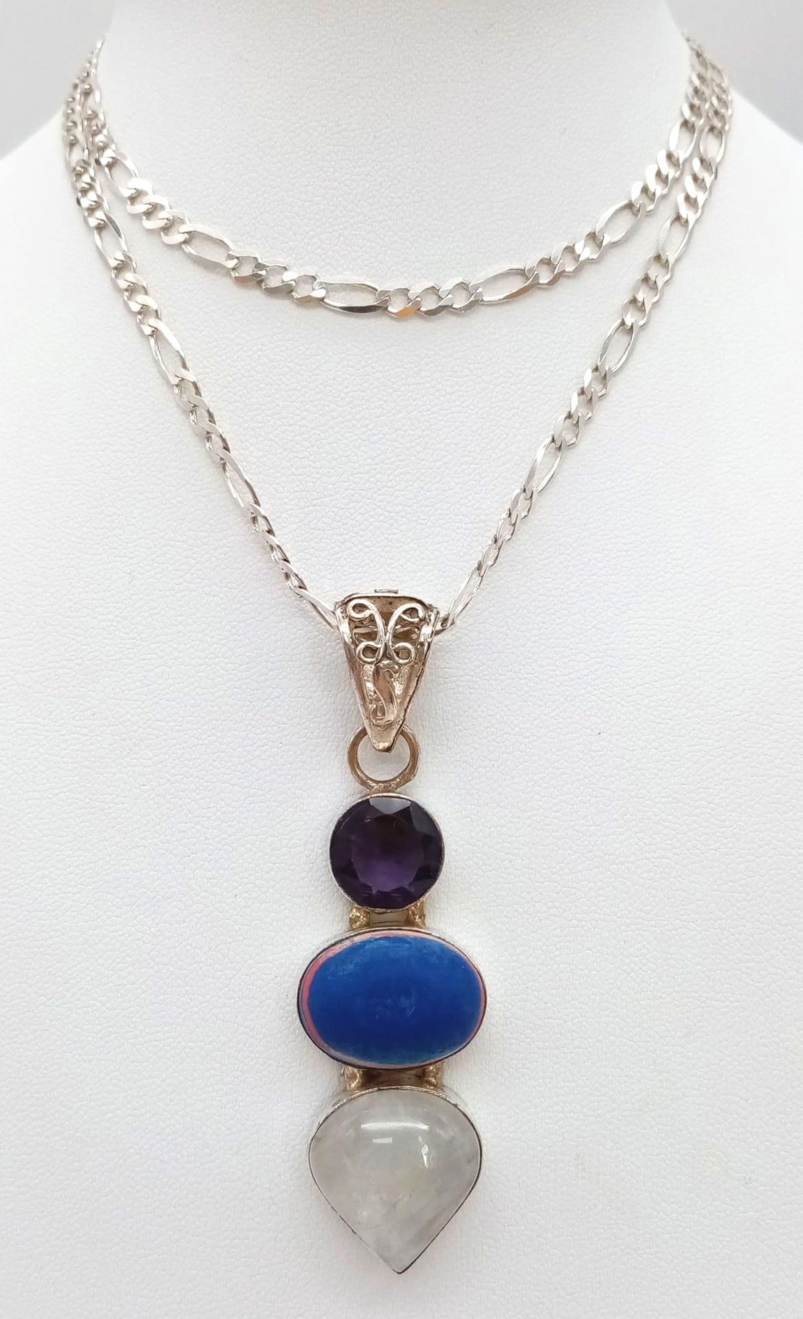 A Rare Vintage Sterling Silver Statement Necklace Set with Moonstone, Blue Obsidian and Amber on a - Bild 2 aus 5