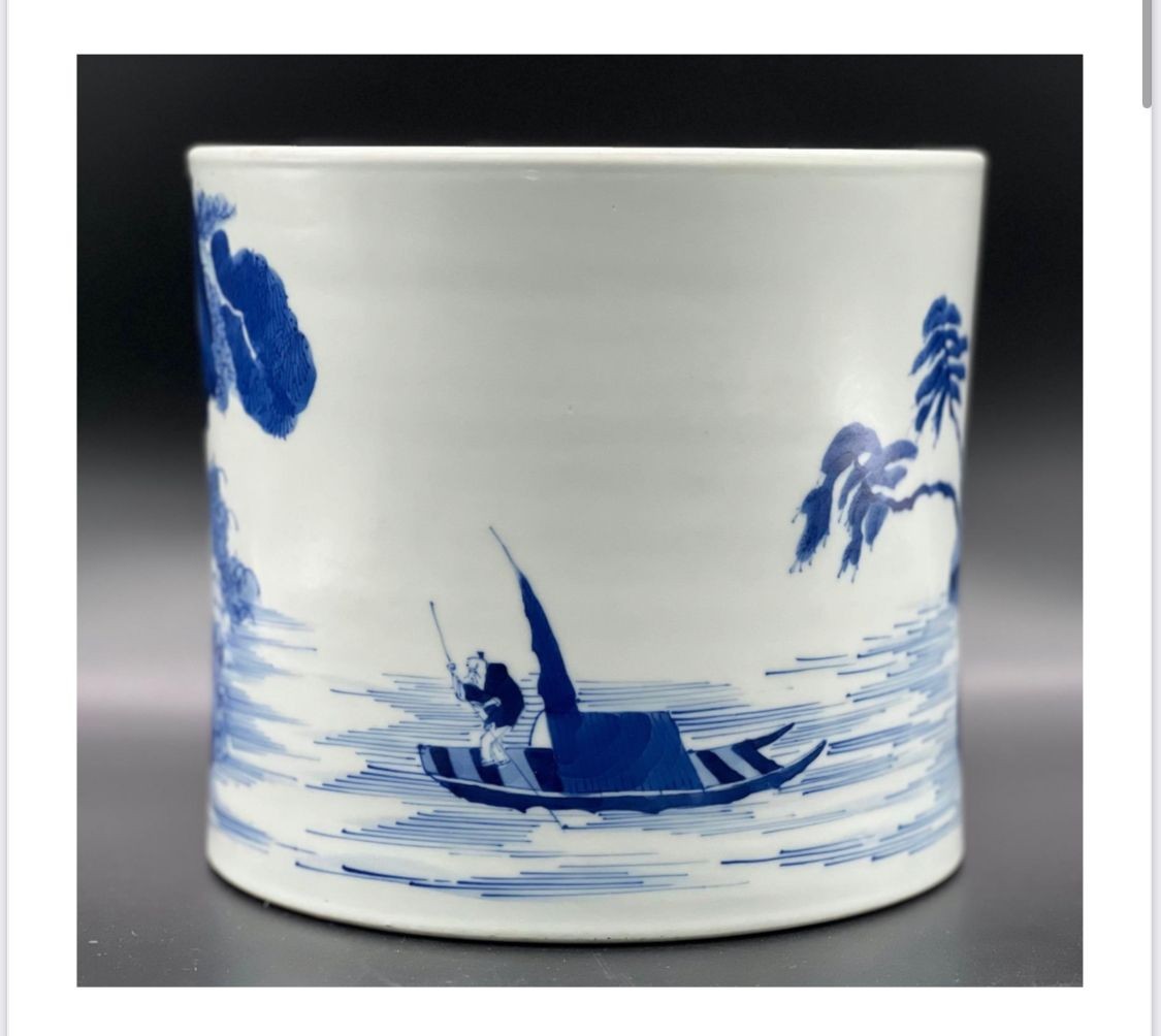 A blue and white brush pot with landscape and figures; Kangxi; Qing Dynasty. Diameter of Top 20cm, - Image 2 of 8