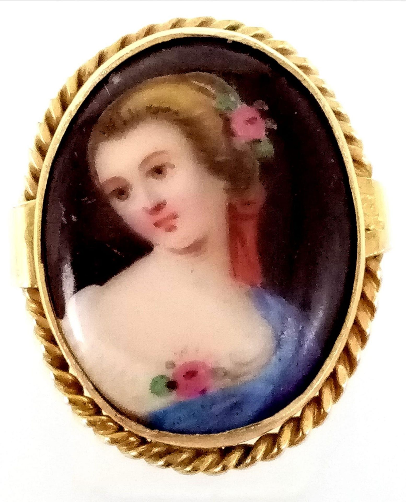 A Wonderful Antique 9K Yellow Gold Portrait Ring. Centre-piece of a hand-painted portrait of a - Image 2 of 9