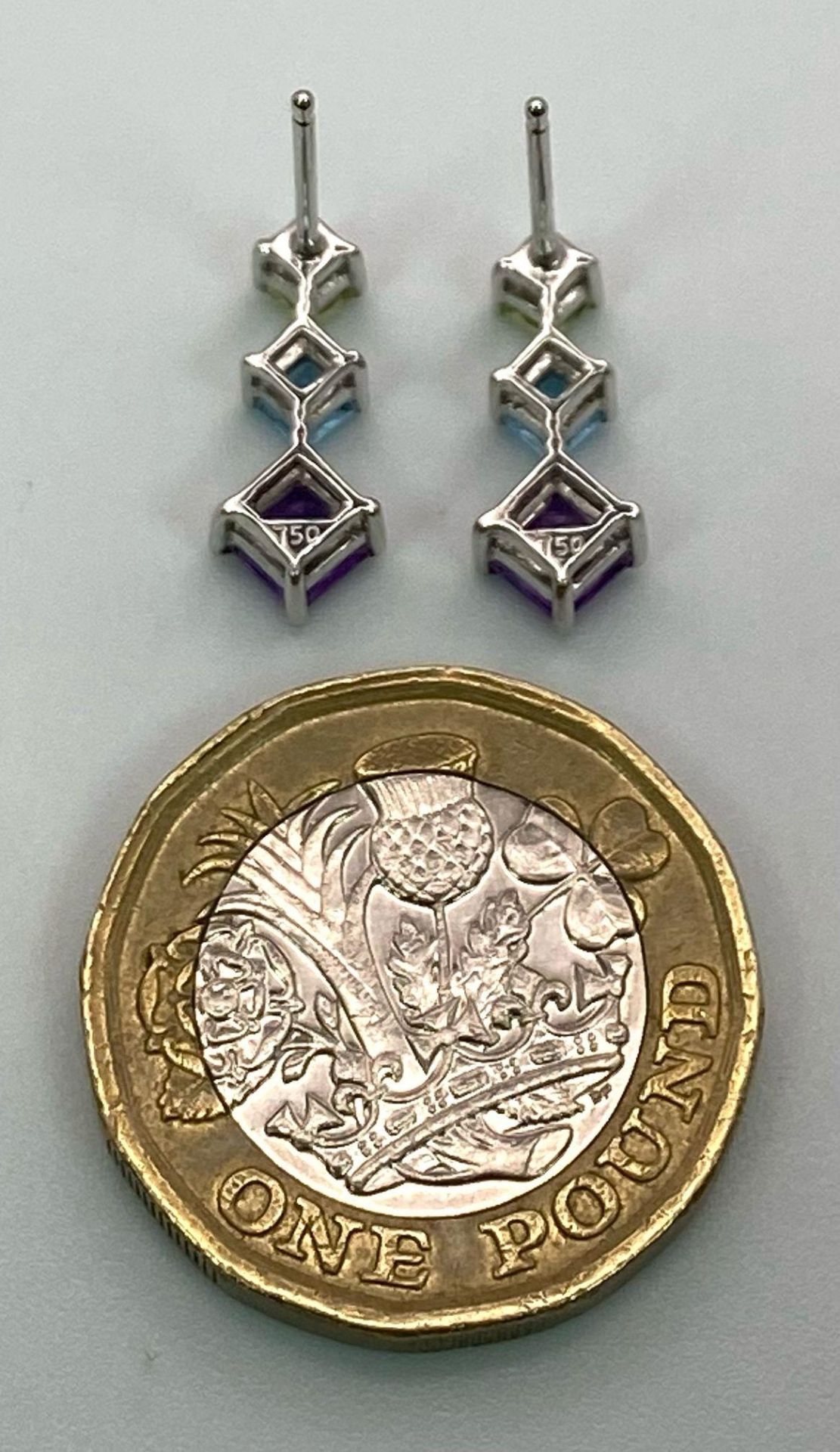 A Pair of 18K White Gold Gemstone Drop Earrings. Peridot, topaz and amethyst. 15mm drop. No backs. - Image 3 of 4