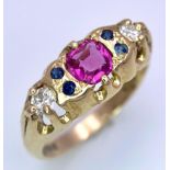 A 9K Yellow Gold, Boat-style Ring set with a Ruby, two flanking Diamonds and 4 Sapphire gems.