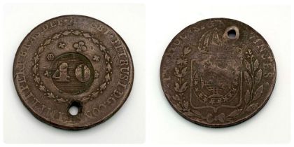 A Pair of Old Foreign Coins. - 1828 BRAZIL, drilled, 40 REIS coin - 1735 PORTUGAL, 5 REIS coin.