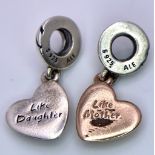 TWO PANDORA STERLING SILVER DOUBLE SHARED HEART CHARMS ENGRAVED "LIKE MOTHER", OTHER SAYS "LIKE