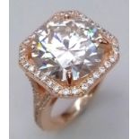 A 10.35ct Sparkling White Moissanite Ring set in Rose Gold Gilded 925 Silver. Size O. 10.22g total