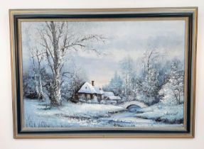 Large Framed Original Paint-On-Canvas Artwork, signed by artist. A frosty landscape with a snow