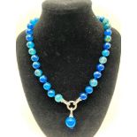 A Captivating Blue Stripe Agate Bead Necklace with Drop Pendant. 10mm agate beads. Decorative silver