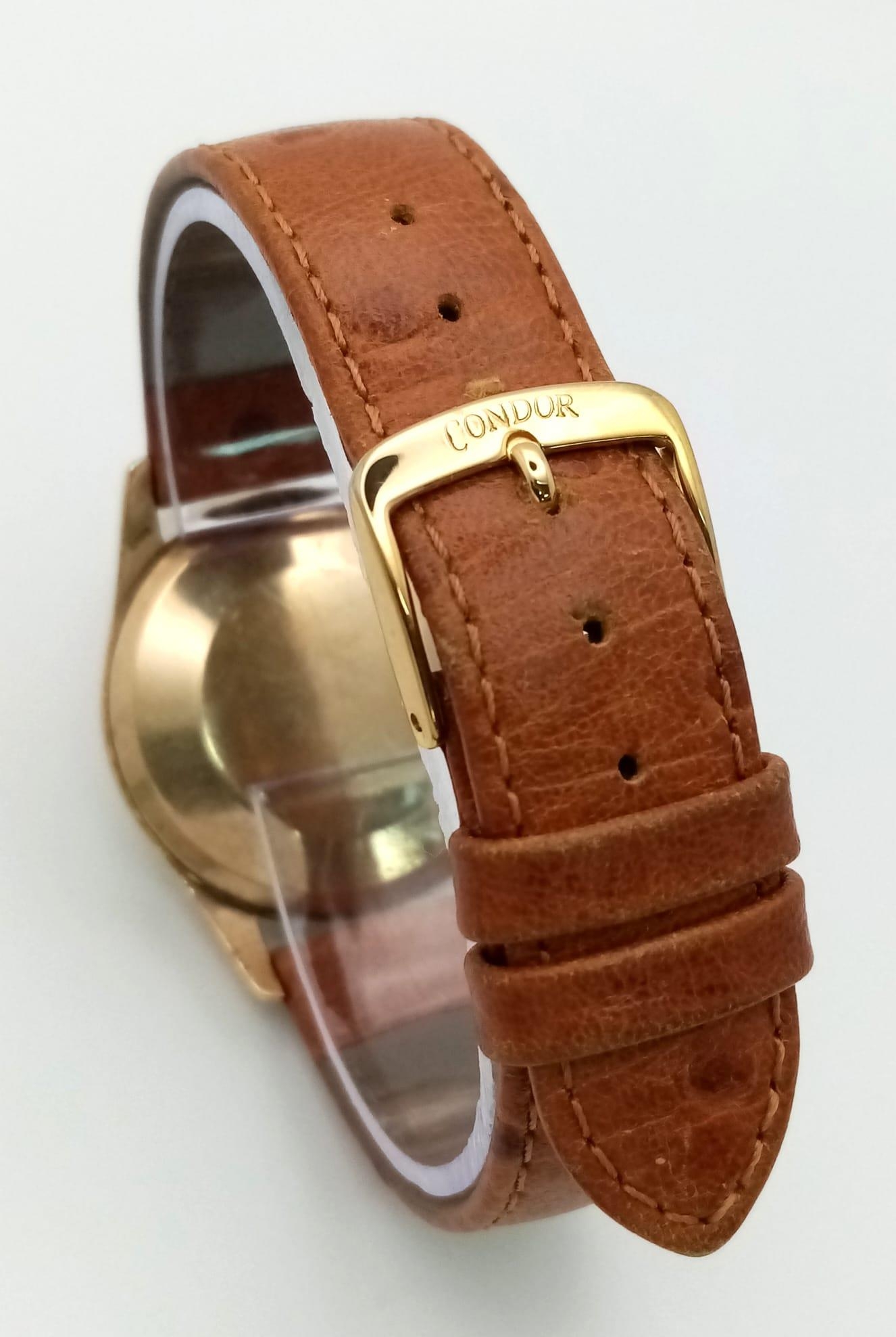 A 9K YELLOW GOLD CASED OMEGA WATCH ON TAN LEATHER STRAP. FULL WORKING ORDER ref: MB 5001 - Image 5 of 7