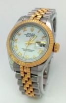 A LADIES NEW MODEL ROLEX OYSTER PERPETUAL DATEJUST IN BI-METAL ,UPDATED STYLE WITH WHITE DIAL AND