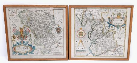 Two Vintage/Antique Prints of Ancient Maps of Derbyshire and Lancashire. In frames - 37cm x 35cm.