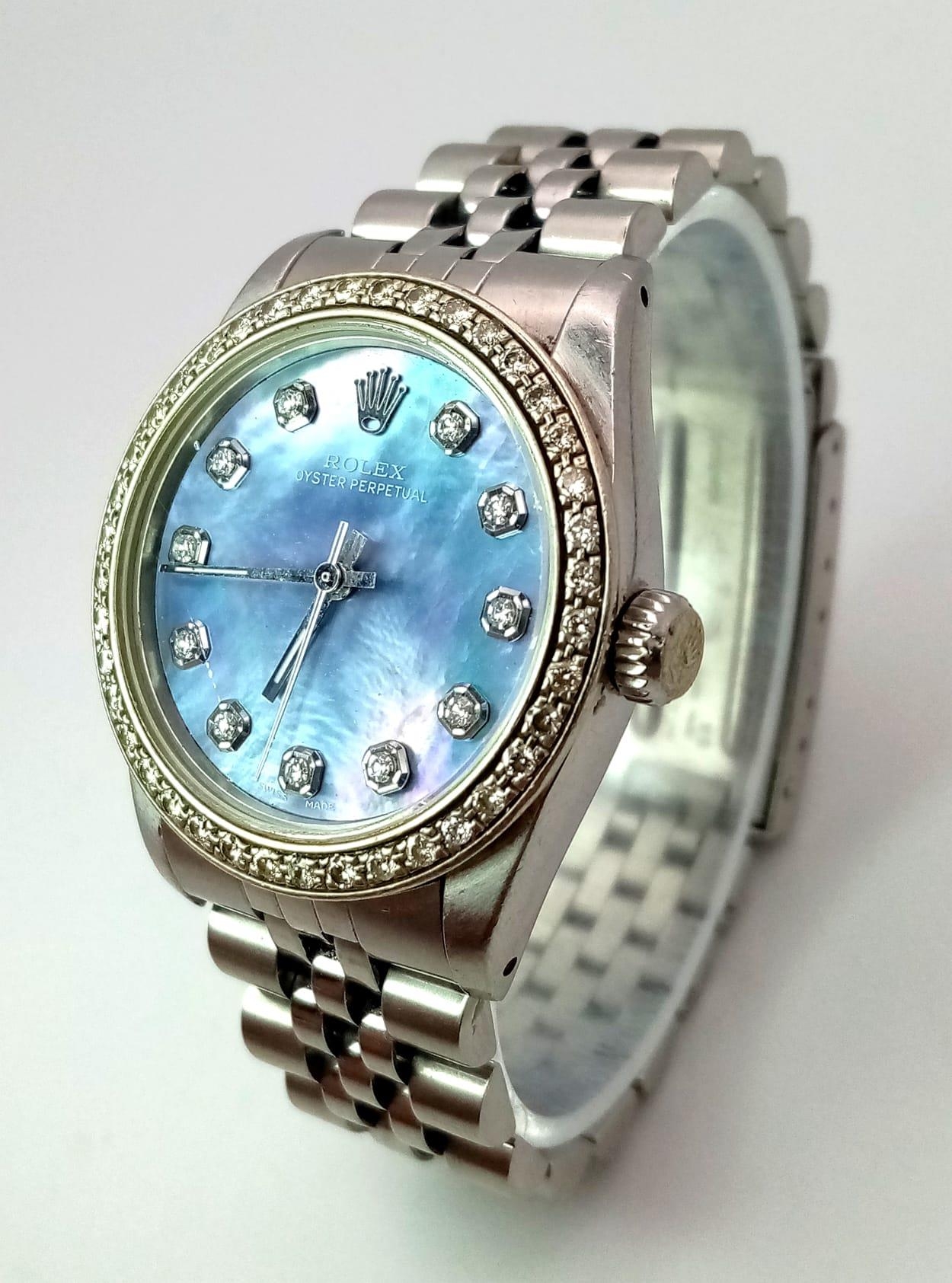 A LADIES ROLEX DRESS WATCH WITH DIAMOND NUMERALS AND BEZEL , MOTHER OF PEARL DIAL AND AUTOMATIC - Image 2 of 10