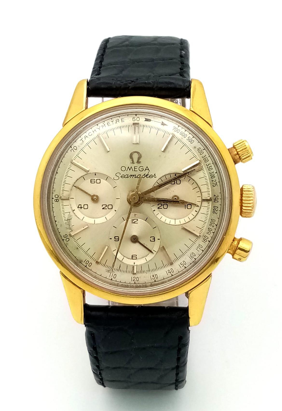 A Superb Vintage 1960s Omega Seamaster Chronograph Gents Watch. Black leather strap. Gilded case - - Image 2 of 6