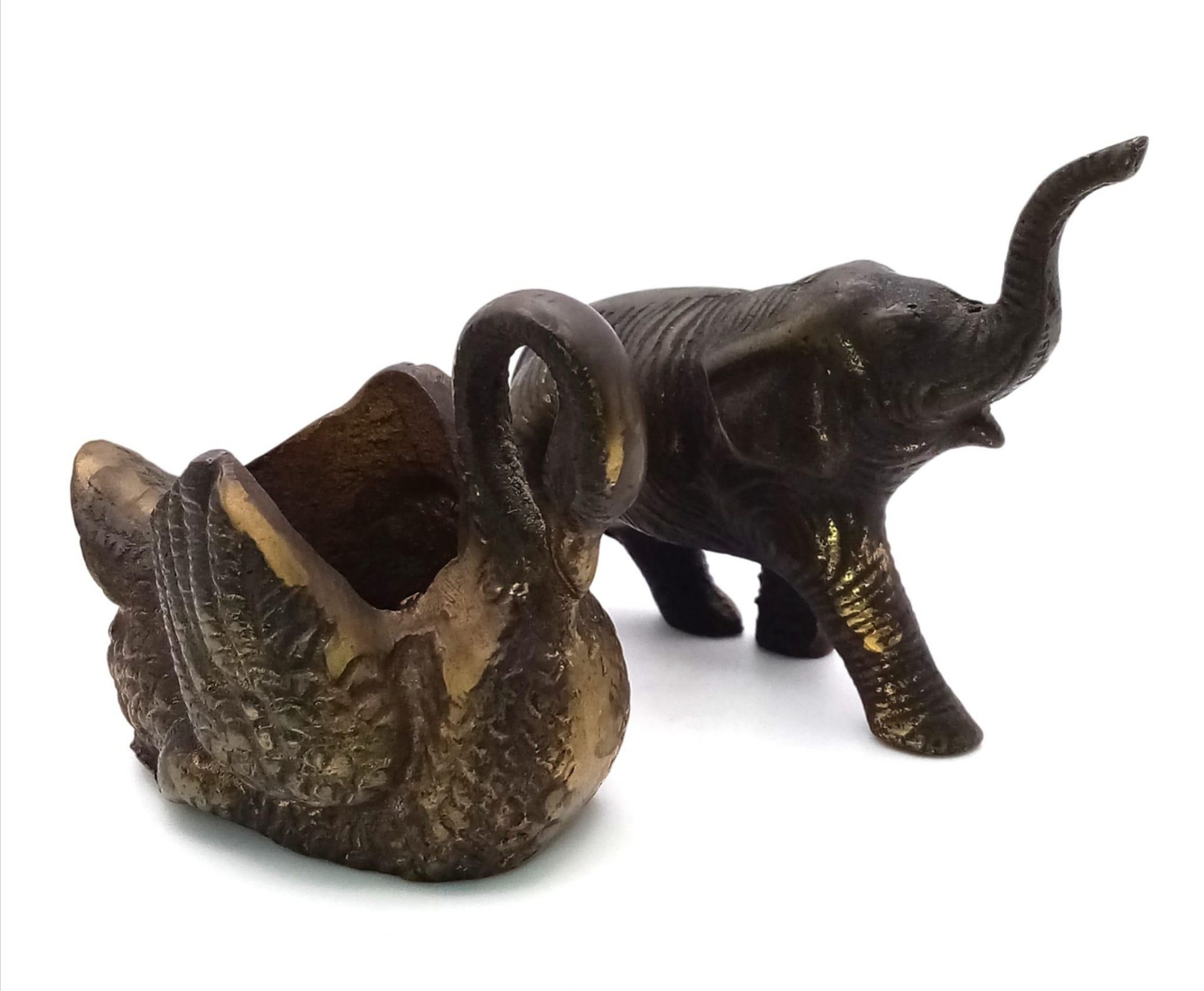 Two Small Vintage Brass Animal Figures. An Elephant and Swan - Both with wonderful patinas. Elephant - Image 2 of 7