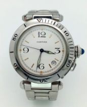 A CARTIER PASHA STAINLESS STEEL AUTOMATIC WATCH WITH STAINLESS STEEL STRAP , WHITE DIAL 39mm