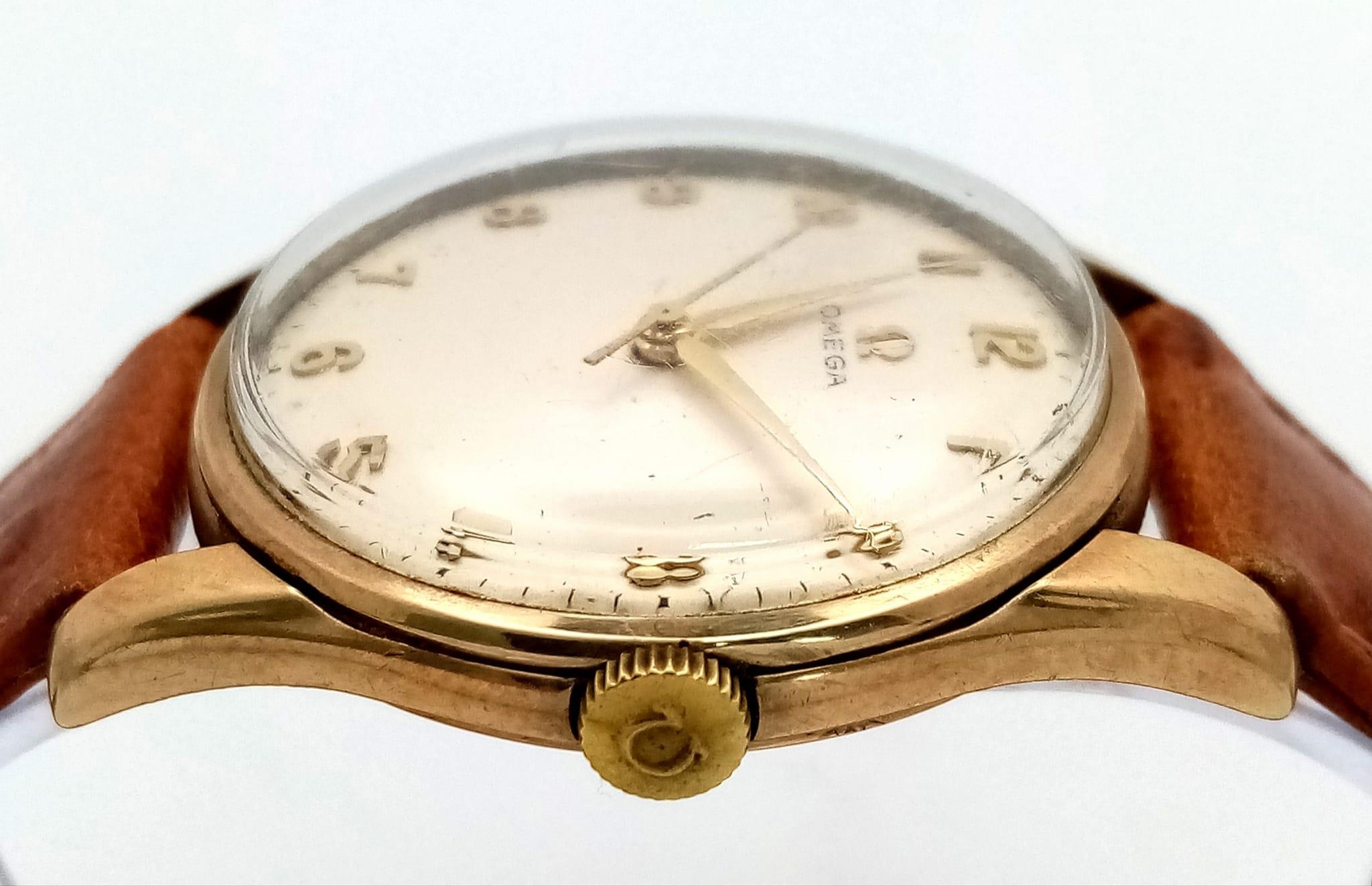 A 9K YELLOW GOLD CASED OMEGA WATCH ON TAN LEATHER STRAP. FULL WORKING ORDER ref: MB 5001 - Image 4 of 7