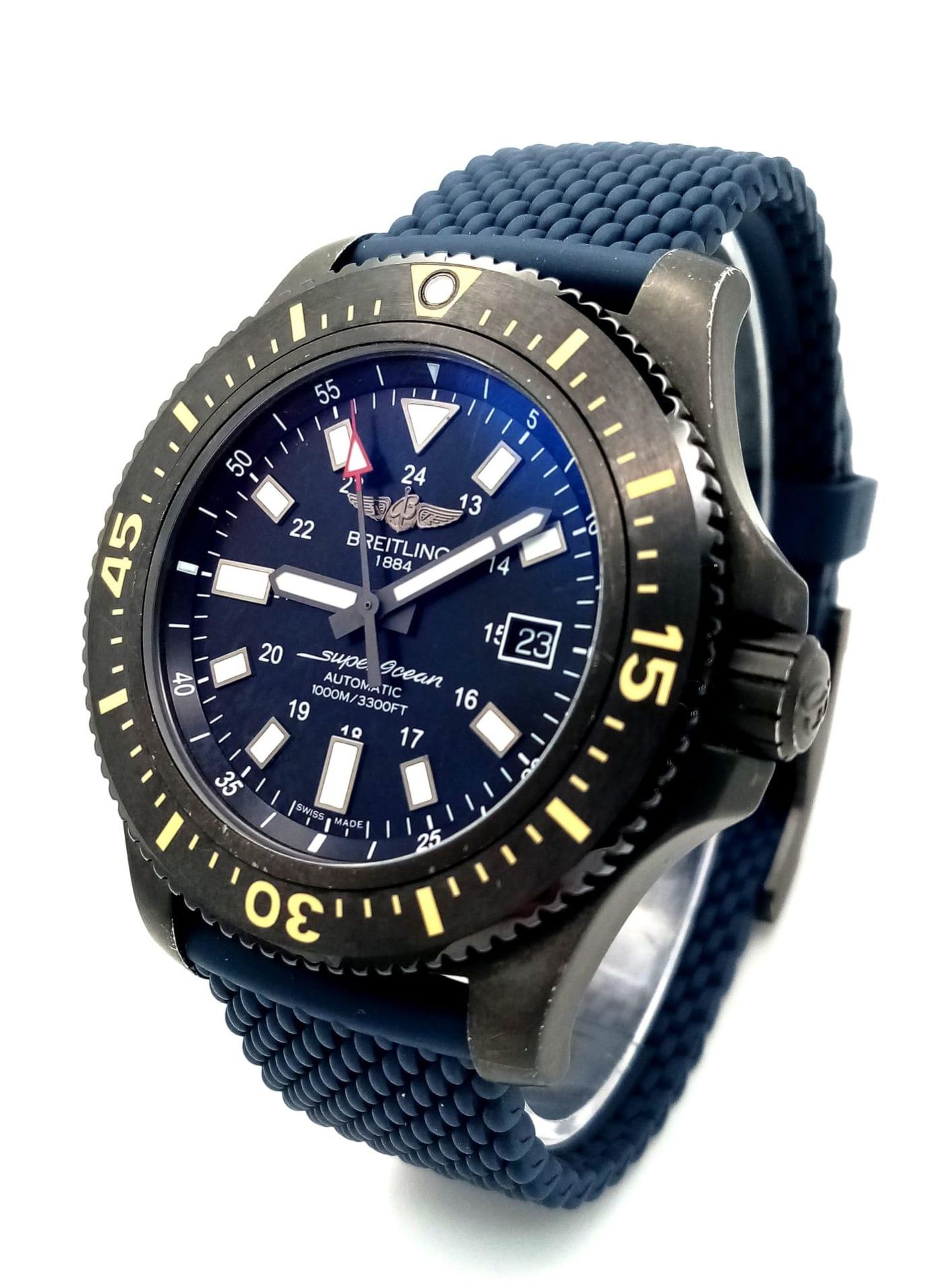 A Breitling Superocean Automatic Gents Divers Watch. Blue textured rubber strap. Titanium case -